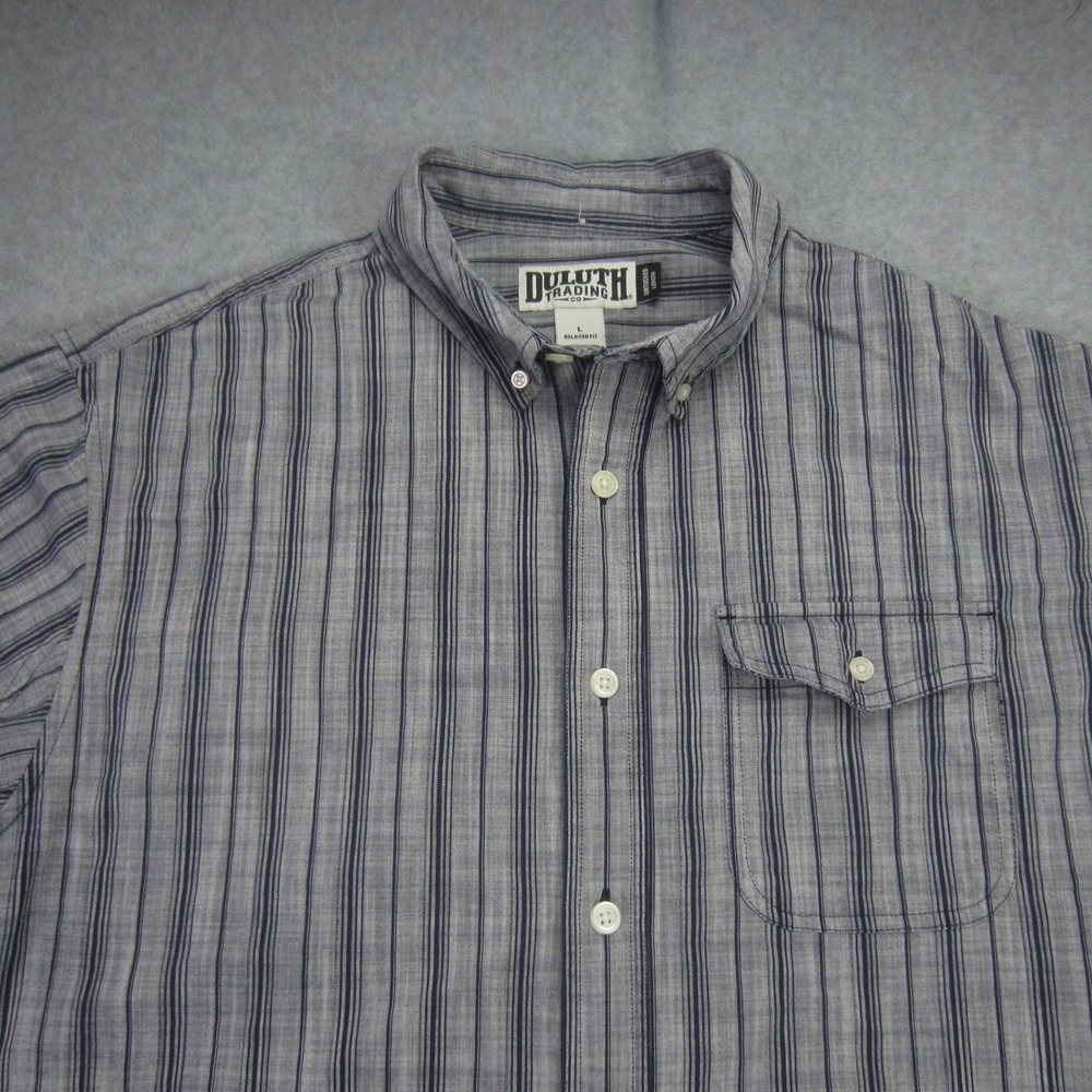 Duluth Shirt Mens Large Gray Relaxed Fit Untucked Striped Button Down SS - Picture 2 of 14